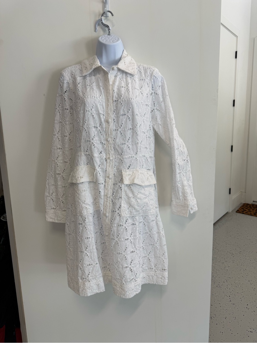Kensie White Eyelet Lace Long Sleeve Shirt Dress